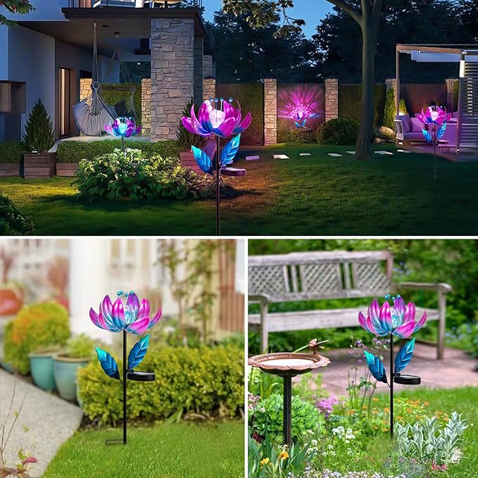 Solar Purple Metal Flower Wind Spinners, Colorful Spinning Windmill Lotus Yard Art Lights Wind Pinwheels with LED Crystal Ball Decorative Stake Lighting Flower Sculpture