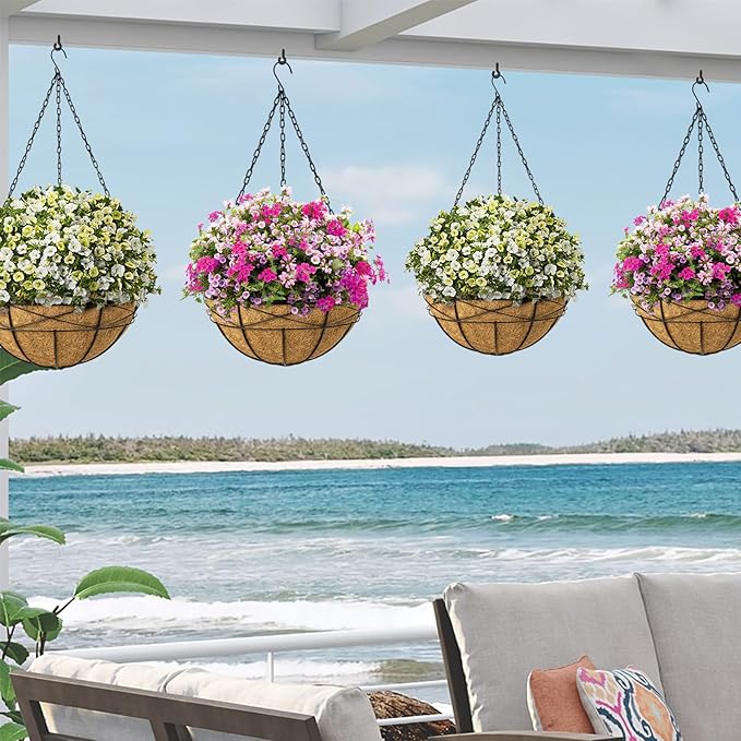 Hanging Planters for Outdoor Plants: 4 Pack 16" Hanging Baskets Flower Pots with Coco Liners & Plastic Saucer Extra Large Deep Hanging Plant Holder for Porch Balcony Garden Décor