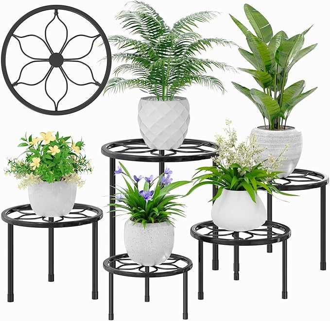 VECELO Metal Plant Stands Set of 5, Multiple Heavy Duty Flower Pot Stand, Round Plant Holder, Black