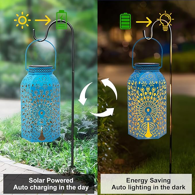 Pearlstar Solar Lanterns Outdoor Waterproof Hanging Solar Lights Metal Peacock Gifts for Women Mom Grandma Decor for Garden Yard Patio Balcony Path
