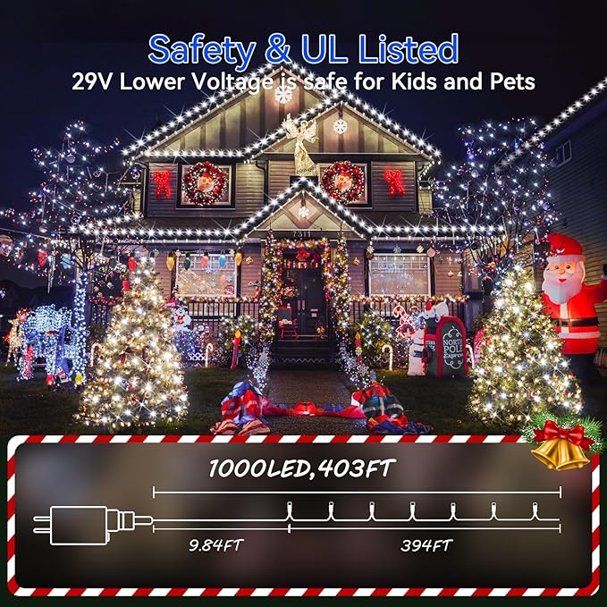 Hezbjiti 1000 LED 403 FT Christmas String Lights Outdoor, 8 Lighting Modes IP44 Waterproof Fairy Lights with Timer and Dimmable Function for Home Party Tree Decorations (Cold White, Clear Wire)