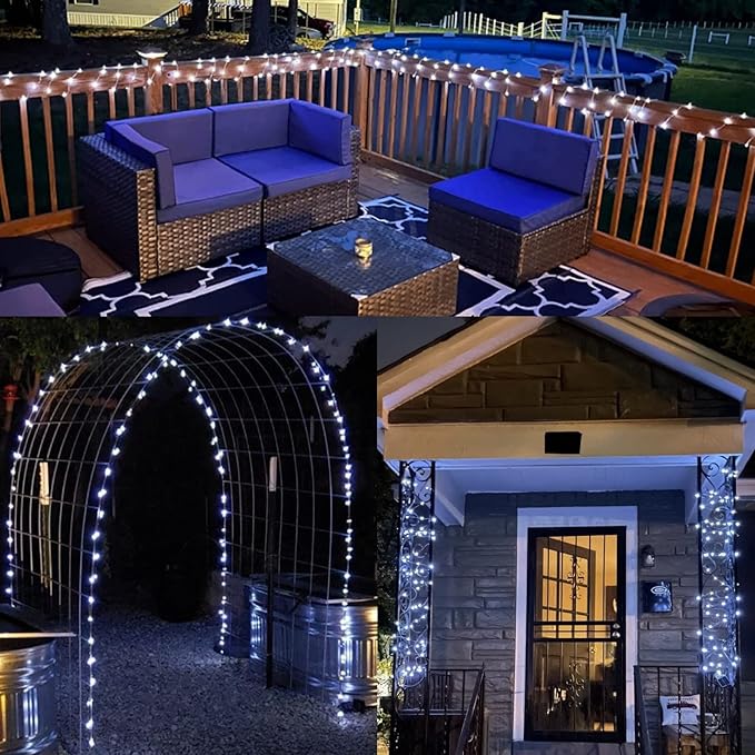 YEGUO White Solar Fairy Lights Outdoor Waterproof, 4 Pack Each 33ft 100 LED String Light, 8 Modes Silver Wire Twinkle Lights