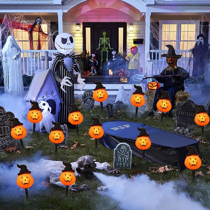 4 Pack Halloween Pumpkin Witch Hat Pathway Lights –7Ft LED Outdoor Halloween Decorations, Waterproof Halloween Garden Stake Lights Perfect for Outdoor Pathway, Yard, Walkway, Lawn and Driveway Decor