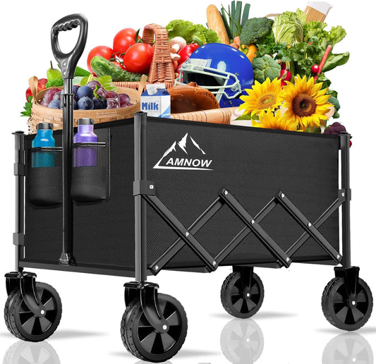 Collapsible Folding Wagon Cart, 350LBS Utility Large Capacity Cart Foldable Wagon with All Terrain Wheels, Grocery Wagons Carts for Garden Shopping Sports Camping, Black
