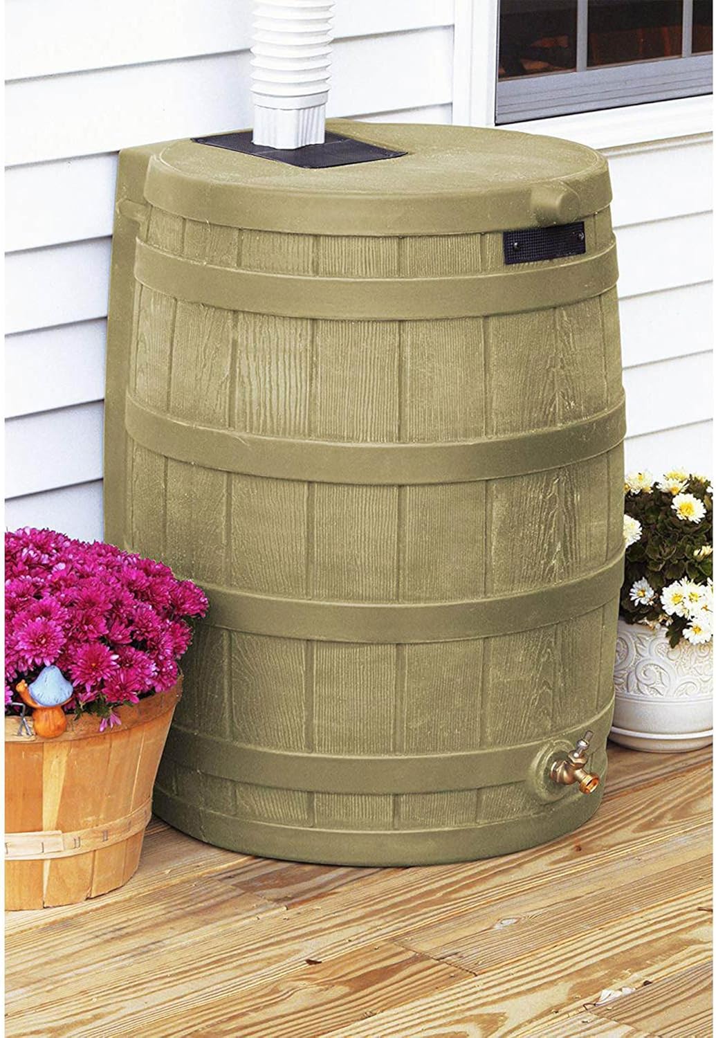 Good Ideas Rain Wizard 50 Gallon Plastic Outdoor Home Rain Barrel Water Storage Collector with Brass Spigot and Flat Back Design, Khaki (3 Pack)