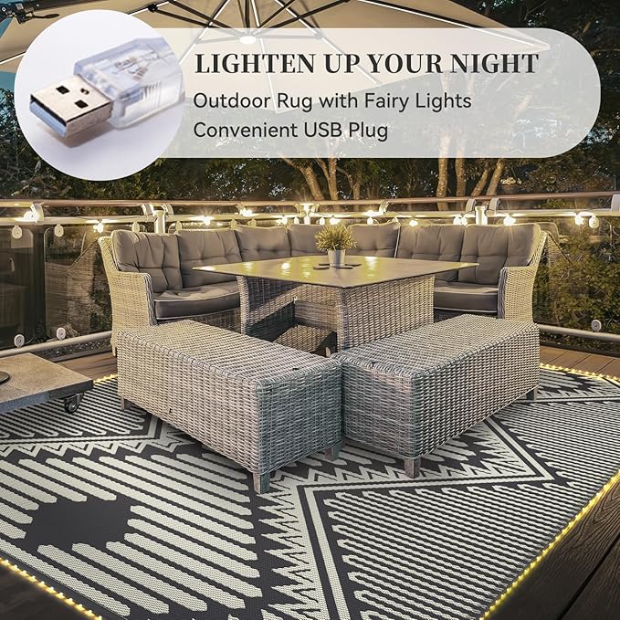 MontVoo Outdoor Rug with Led String Strip Lights 8x10 ft Waterproof Outdoor Patio Rug Mat Reversible Plastic Straw Rug Outside Outdoor Rug for RV Camping Picnic Balcony Fairy Boho Outdoor Decor