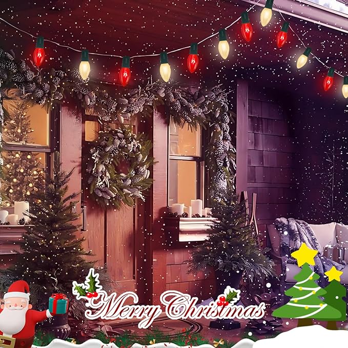 25FT C9 Christmas Outdoor Lights,Red and Frosted White Christmas Lights with 26 Bulbs(1 Spare),Commercial Vintage Red White Christmas Lights for Tree Yard Garden Porch Party