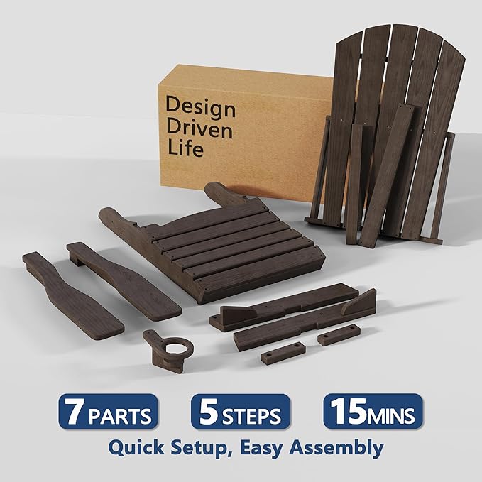 Folding Adirondack Chair Set of 4 with Cup Holder, HDPE All Weather Resistant Plastic Outdoor Patio Chairs, Heavy Duty Fire Pit Seating for Backyard Lawn Garden, Wooden Textured Design(Coffee)