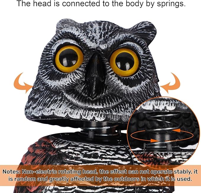 Hausse 3 Pack Bird Scarecrow Fake Horned Owl Decoy, Rotating Head Plastic Owl Bird Deterrents, Nature Enemy Horned Pest Repellent for Outdoor Garden