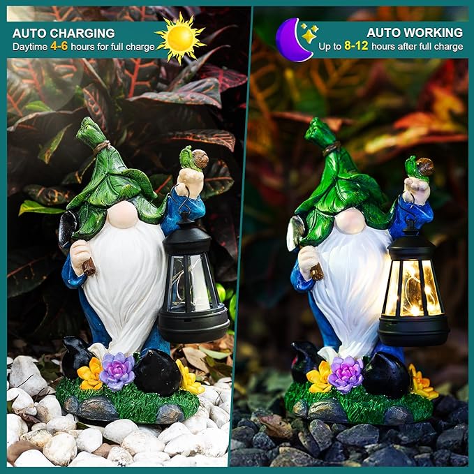 Garden Gnome Solar Figurine Lights - Solar Powered Lighting Outdoor Decorations with Lantern & Shovel, Yard Art Lawn Ornaments for Porch Patio Balcony - Gnome Gifts for Women Mom