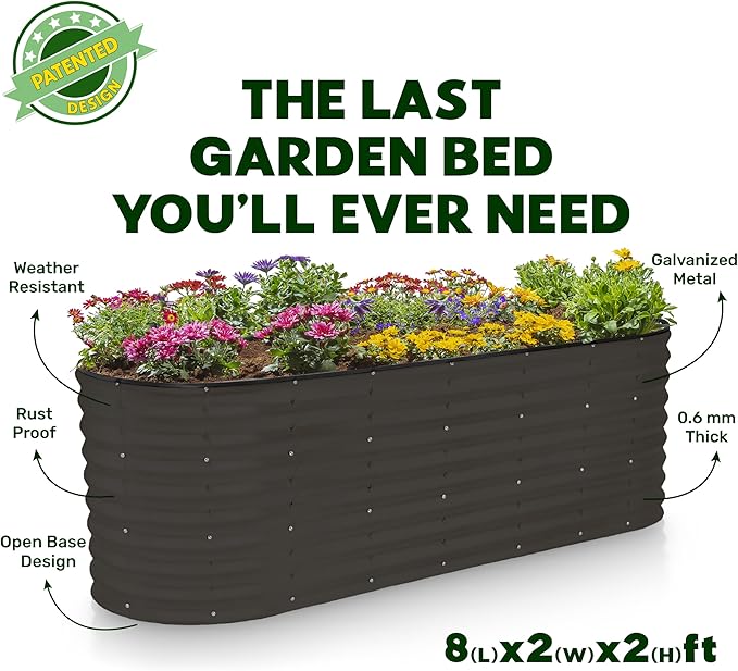 Galvanized Raised Garden Beds Outdoor // 8×2×2 ft Planter Raised Beds for Gardening, Vegetables, Flowers (Black) // Large Metal Garden Box // Patented Tool-Free Design