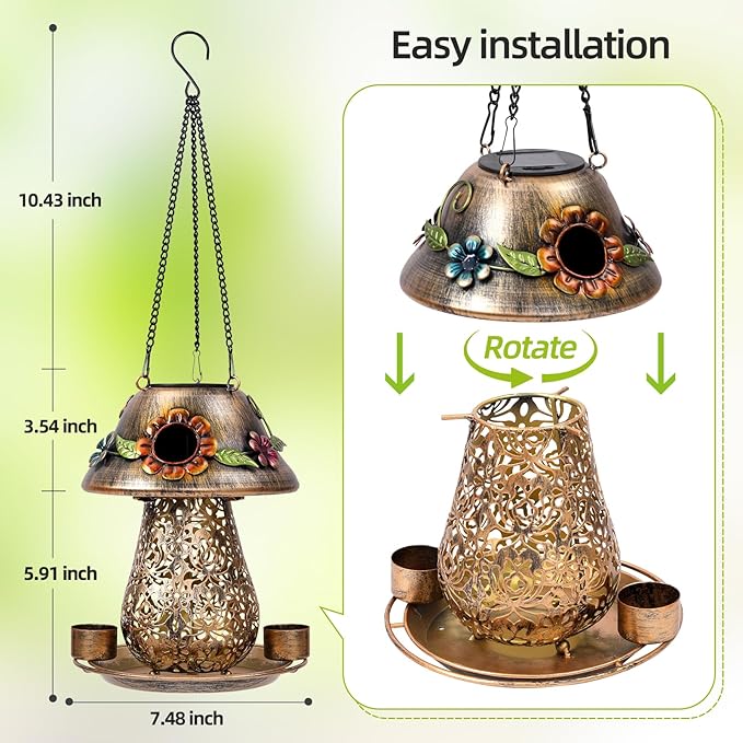 Mushroom Solar Bird Feeders for Outdoors Hanging Metal Wild Bird Feeder Garden Lantern with S Hook for Garden Decoration Brown