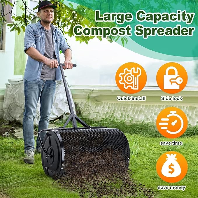 Compost Spreader, Durable Lawn Roller, Manure Spreader with Upgrade T Shaped Handle,Top Soil Spreader for Lawn and Garden Care Manure Spreaders Roller (T-Black-L)