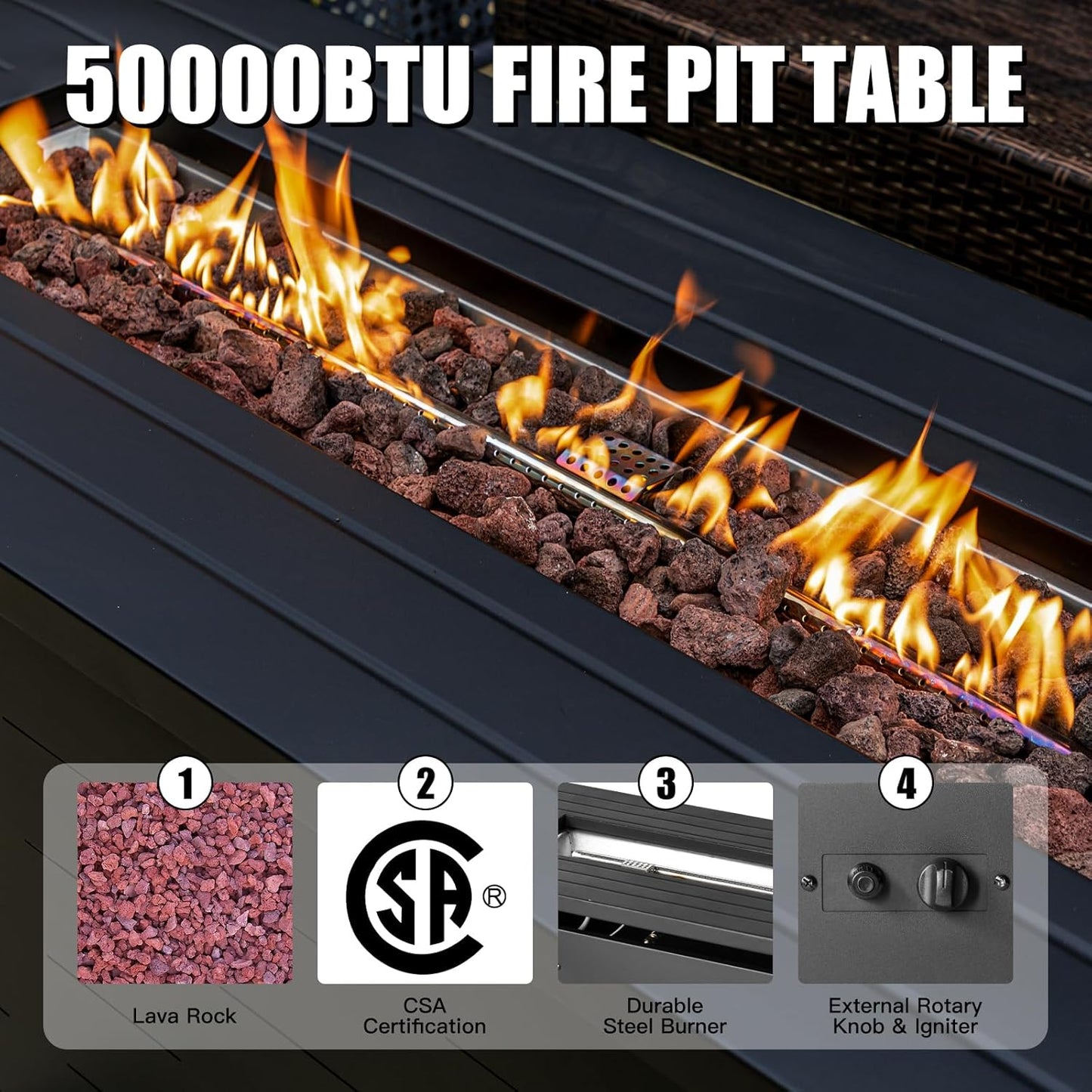 57 inch Propane Fire Pit Table,50000 BTU Gas Fire Pits Table with Lid & Lava Rock & Waterproof Cover, Outdoor Propane Firepit for Dining or Party, Outside, Patio, Garden, Yard