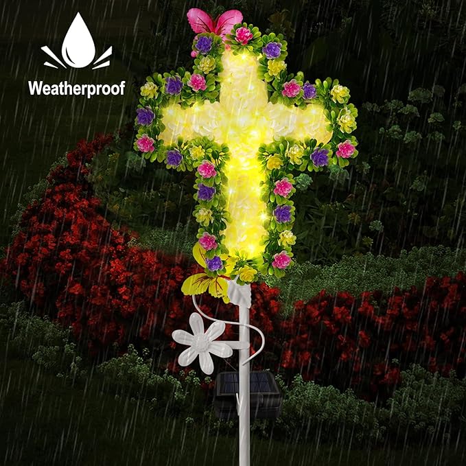 YJFWAL Solar Flowers Cross Garden Stake Lights, Yard Solar Lights Cemetery Decorations for Grave Outdoor Jesus Cross Sympathy Memorial Gifts for Grandmother, Garden Yard Lawn Patio Pathway