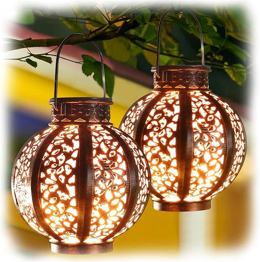 MAGGIFT 2 Pack Hanging Solar Lights,Outdoor Ramadan Solar Lanterns Decorations,Waterproof Hanging Solar Light 6 Lumens,Brown