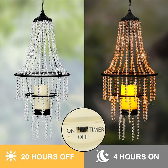 Battery Operated Hanging Chandelier Outdoor Indoor, 28” Modern Acrylic Crystal Hanging Beaded Lantern with Led Candle Light, Pendant Lights Decor for a Gazebo, Garden, Backyard, Patio, Balcony, Porch