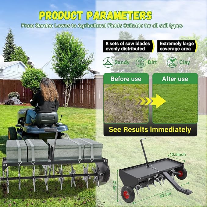 Doniks 52-Inch Tow Behind Lawn Plug Aerator with Universal Hitch, Lawn Aerator Tow Behind with 40 Galvanised Steel Tines,Tray and Inflatable Wheels for Gardens, Lawns, Farms
