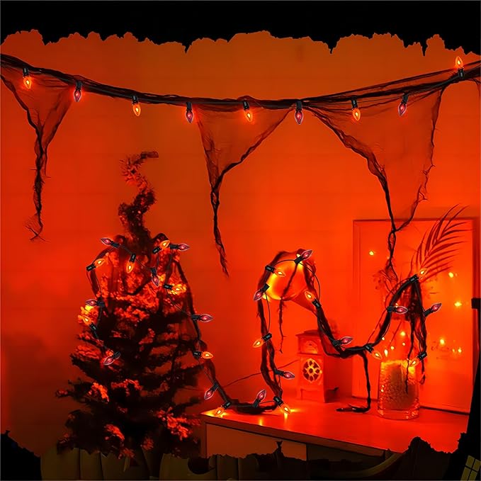 Halloween Decorations Lights Outdoor, 25Ft C7 Halloween Orange Purple String Lights with 25 Flickering Flame Bulbs, Connectable Outdoor Halloween Flame Lights for Indoor Garden Party Patio Yard Decor