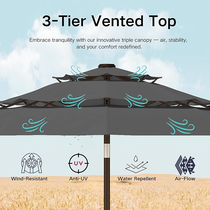 Kingdura 9ft 3-Tier Patio Umbrella, Outdoor Table Umbrella with Easy Crank & Tilt, 8 Reinforced Ribs, UV Protection for Deck, Pool, Market, Backyard (Grey)