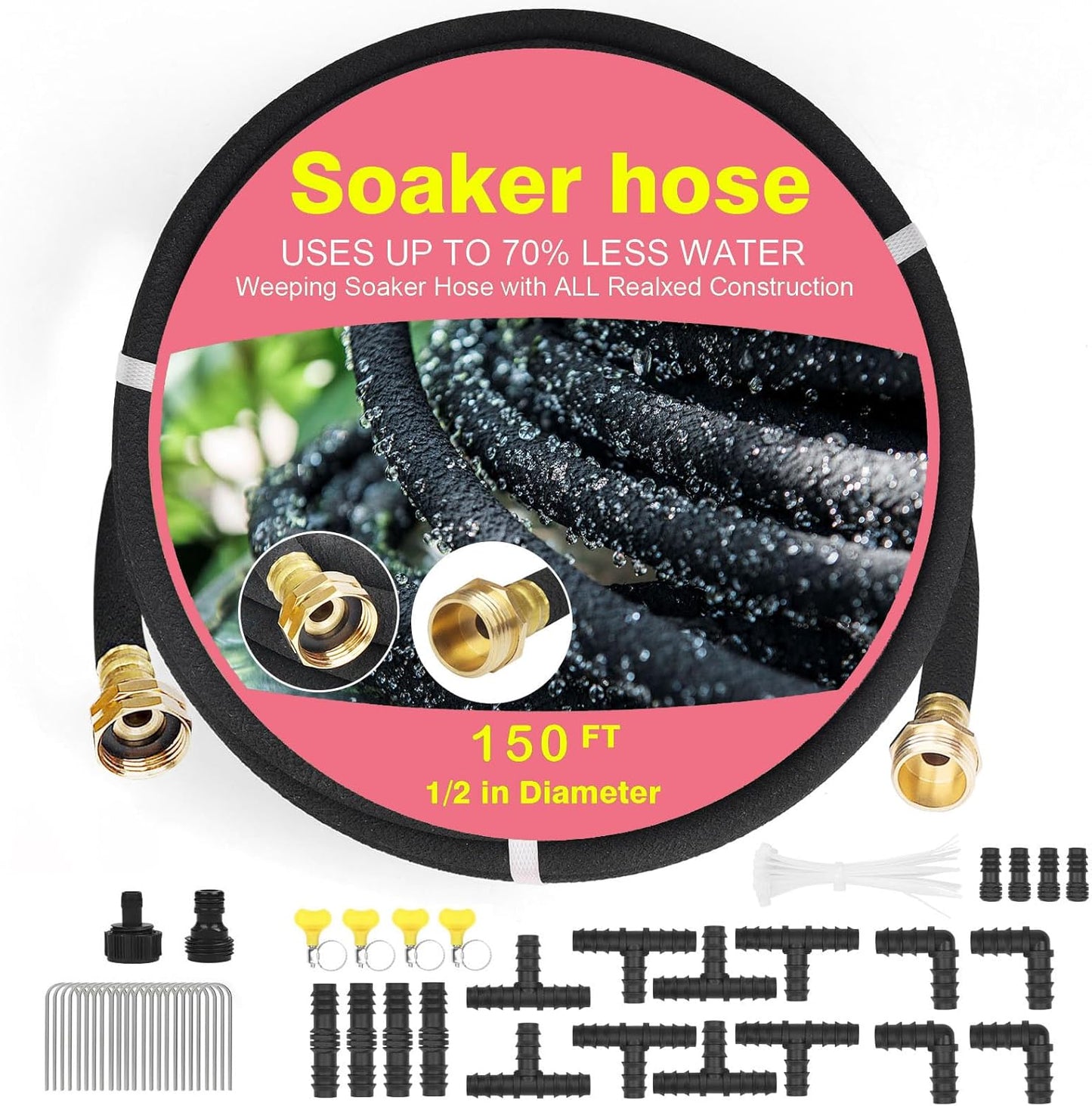 Soaker Hose 150 FT Pro for Garden Beds 1/2 Inch Rubber Longer Lasting Drip Irrigation Save 70% of Water Various Accessories Great for Lawn and Yard