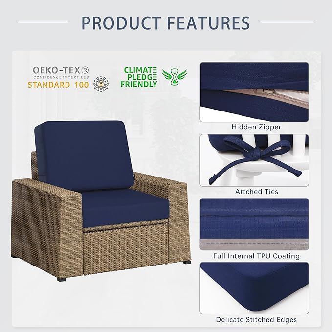 Favoyard Outdoor Deep Seat Cushion Set, 19 x 19 Inch Rainproof & 3-Year Fade Resistant Patio Furniture Cushions, Removable Seat Bottom & Back Cushion Covers with Ties for Chair, Sofa, Couch, Blue