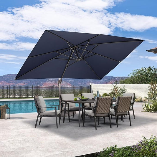PURPLE LEAF 10' X 13' Patio Cantilever Umbrella Rectangle Umbrella Outdoor with Aluminum Offset Hanging and 360° Rotation for Pool Garden Deck Patio, Navy Blue
