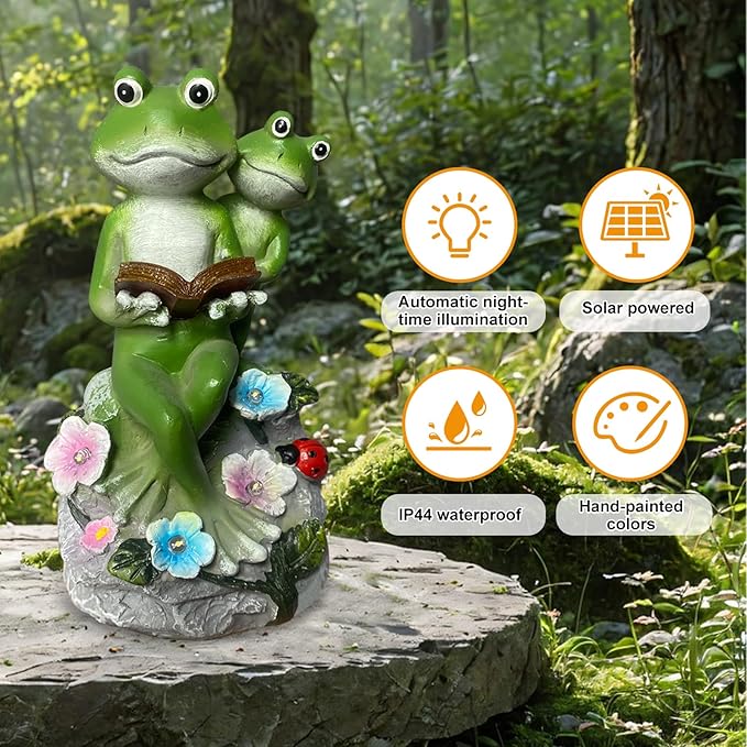 Frog Garden Statue,Frog Garden Decor,Solar Frog Statue Sitting on a Stone Reading a Book with 5 LEDs for Lawn Patio Yard Porch Decoration, Outdoor Garden Decor, yijiayi-008