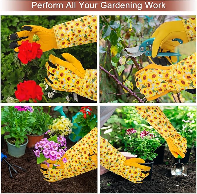 DLY Gardening Gloves for Women, Rose Gloves Gardening Thorn Proof, Long Garden Gloves for Women, Breathable Cowhide Leather Gauntlet (Small, Yellow