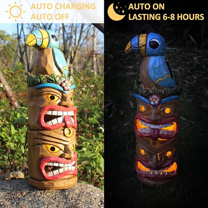 Tiki Totem Pole-Solar Tiki Statue Head Decor - 12.32 inch Tall Tiki Decorations for Tiki Bar Outdoor Patio Balcony Yard Backyard