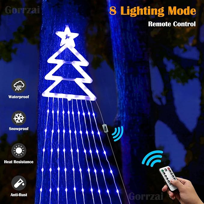 Outdoor Christmas Decorations Star String Lights 420 LED Waterproof Waterfall Lights with Christmas Tree Topper, 8 Lighting Modes Tree for Yard Patio Garden Party (Blue)