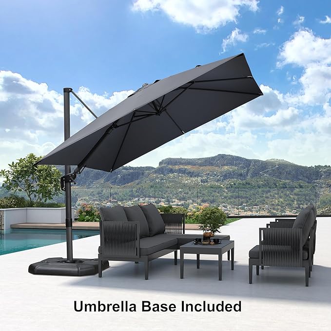 PURPLE LEAF 9.8' X 9.8' Tilting Patio Umbrella with Base Outdoor Cantilever Swivel Square Umbrella with Tilt Aluminum Offset Umbrella with 360-degree Rotation for Garden Deck Pool Patio Light Grey