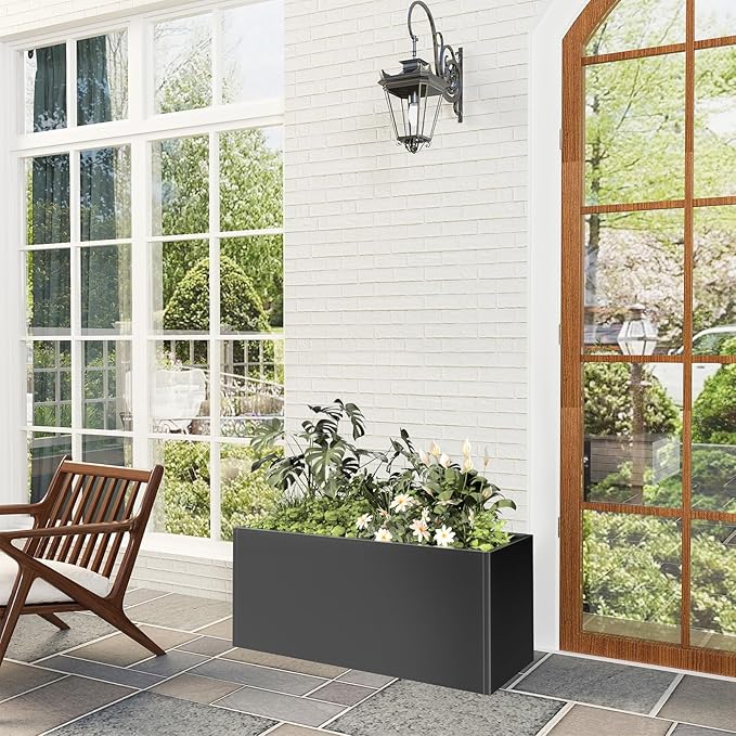 Long Metal Cube Planter for Outdoor Plants 15" W x 38" L x 16.25" H, Heavy Duty Steel Rectangular Planter Box with Removable Insert Shelf, Modern Décor for Outside, Indoor, Garden (Black)