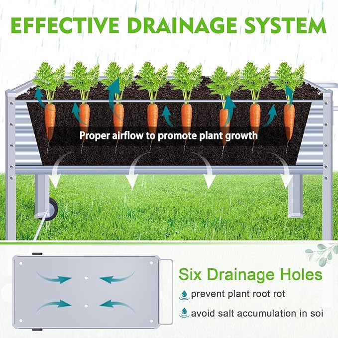 Galvanized Raised Garden Bed with Legs, Metal Raised Planter Box with Drainage Holes Outdoor Elevated Garden Bed on Wheels for Backyard, Patio, Balcony