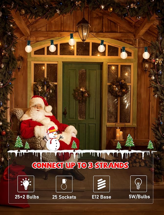 G40 Globe String Lights Outdoor, 25Ft Outdoor Christmas Decoraions Lights with 27 5W Frosted White Lights(2 Spare), Vintage Christmas Light for Garden Party Wedding Backyard Patio, Green Wire