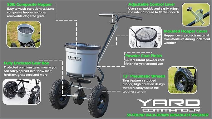 Yard Commander - Commercial 50 LB Walk-Behind Push Broadcast Spreader - 10-12 Foot Spread - Fertilizer, Salt & Grass Seed - Clog Free Design - Fully Enclosed Gear Box - Adjustable Drop Rate