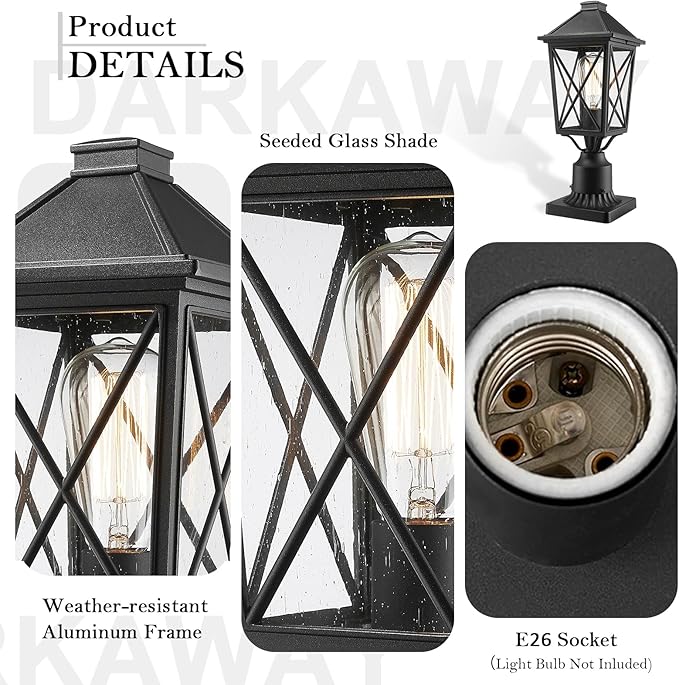 Darkaway Outdoor Post Lights, Aluminum Exterior Post Lantern Light Fixture with Seeded Glass, E26 Socket Fence Pole Deck Lighting for Garden Patio Pathway