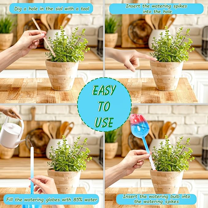 Plant Watering Globes Tulips, 4 Pcs Glass Self Watering Globes, Self Watering Planter Insert with Watering Spikes ,Automatic Plant Watering Devices,Large Watering Bulbs for Indoor & Outdoor Plants