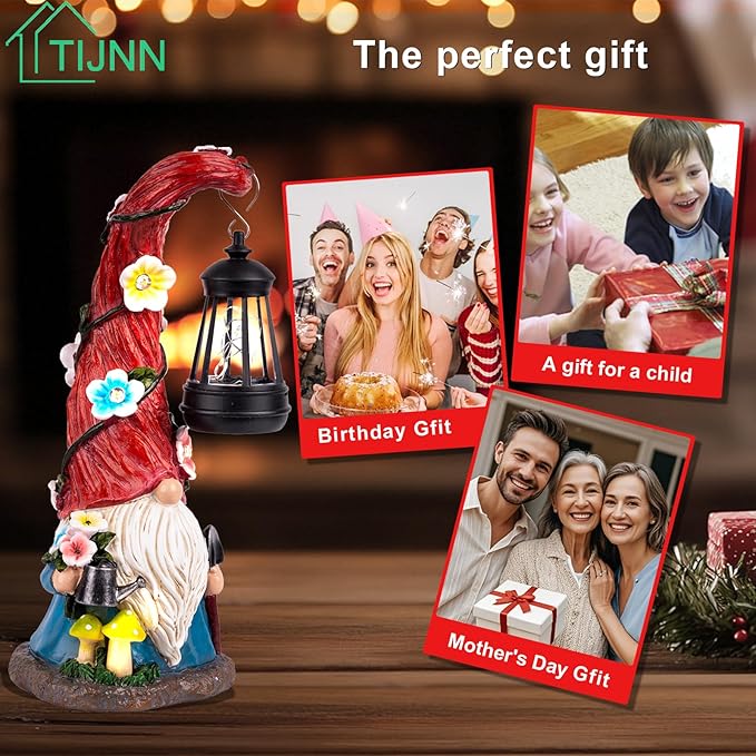 Solar Garden Statue Gnomes Figurine Lights, Dwarf Gardener with Long Hat Hanging Lantern, Outdoor Yard Decorations for Patio Porch Home, Garden Gifts for Women Mum