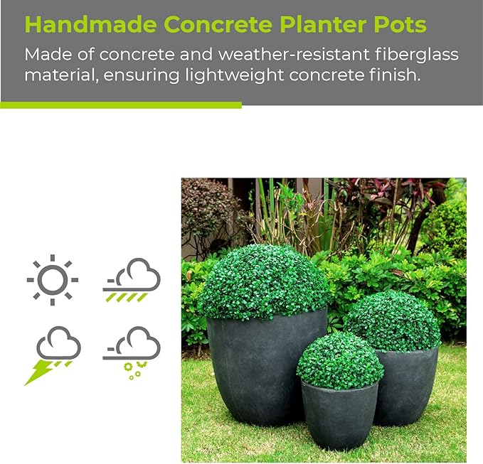 Kante 18",14",10" Dia Concrete Round Planters (Set of 3), Outdoor Indoor Large Planter Pots with Drainage Hole and Rubber Plug for Home Patio Garden, Charcoal