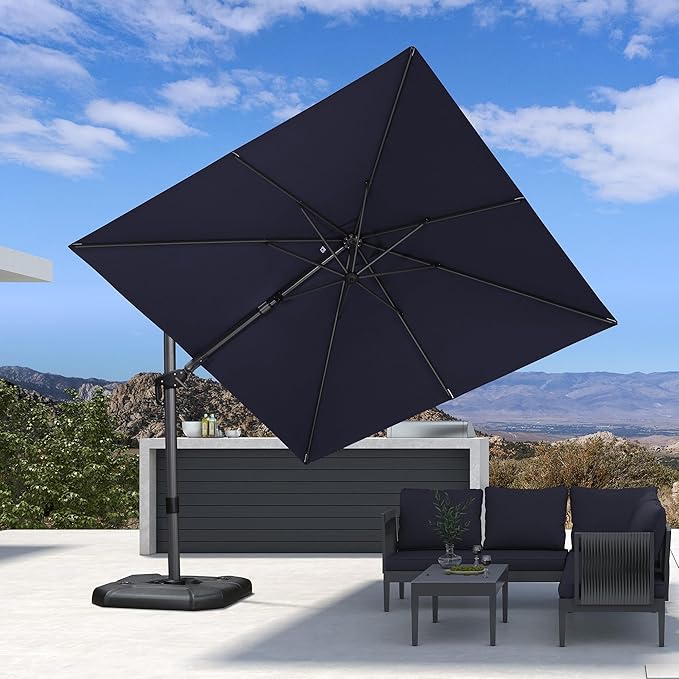 PURPLE LEAF 8.8' X 8.8' Right-left Tilt Patio Umbrella with Base Outdoor Cantilever Swivel Square Umbrella with Tilt Aluminum Offset Umbrella with 360-degree Rotation for Garden Deck Pool Patio Navy