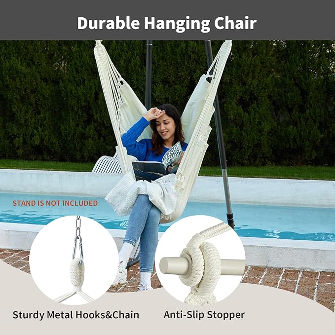 Hanging Hammock Chair Swing MAX 500 lbs Outdoor Hanging Chair with Footrest Indoor Swing Chair with Portable Steel Spreader Bar and Hardware Kit for Bedroom Living Room Patio Porch - White