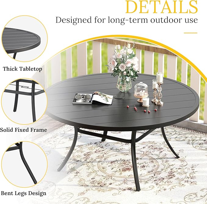 VICLLAX Patio Dining Set for 8, Outdoor Furniture Set Includes 53" Round Patio Table and 8 Patio Sling Chairs, Black Tabletop and Brown Fabric