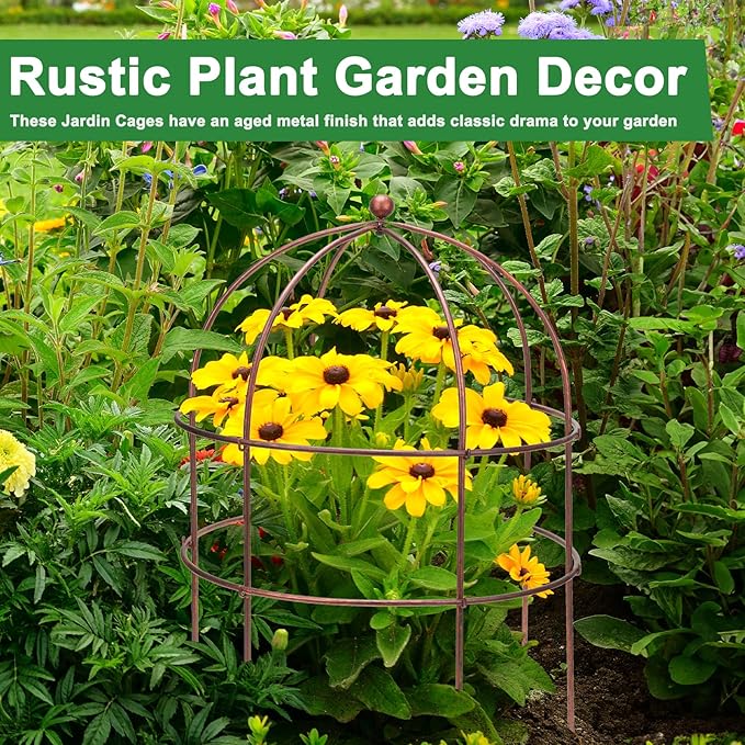 2 Pcs Jardin Bird Cage Plant Support 25" H Large Sturdy Grow-Through Flower Support Peony Cage Climbing Plant Support Trellis Sculptural Garden Decor for Perennial Flowers Vintage Gold