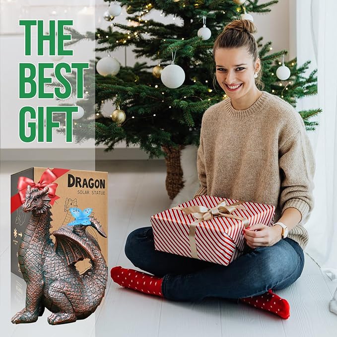 Garden Decor Solar Dragon Statues: Outdoor Sculptures with Glowing Butterfly for Lawn Ornaments Yard Art Porch Patio Balcony - Gifts for Mom Grandma Women