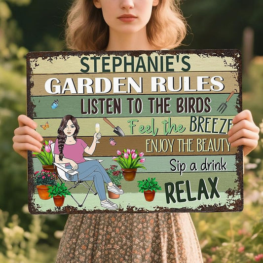 Personalized Retro Garden Metal Sign, Custom Cartoon Character and Name, Funny Garden Decor, Gift for Family, Friends, Women Gardeners, Gardening Lovers, Yard Outdoor Artwork Prints
