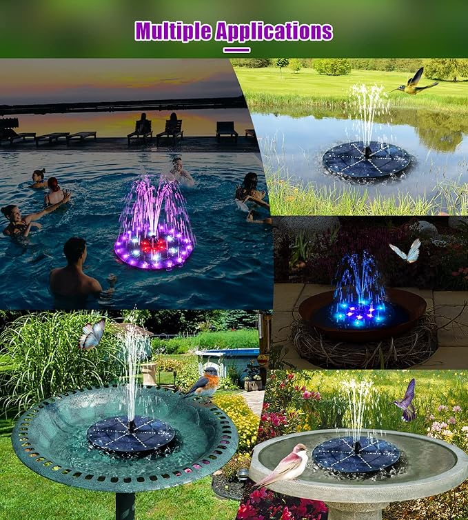 SZMP Solar Fountain 4W Bird Bath Fountains Upgraded 60 LED Lights, Solar Powered Fountain Pump Built-in 4000 Battery with 7 Nozzle & 4 Fixer, Solar Water Fountain for Garden, Bird Bath, Pool, Pond