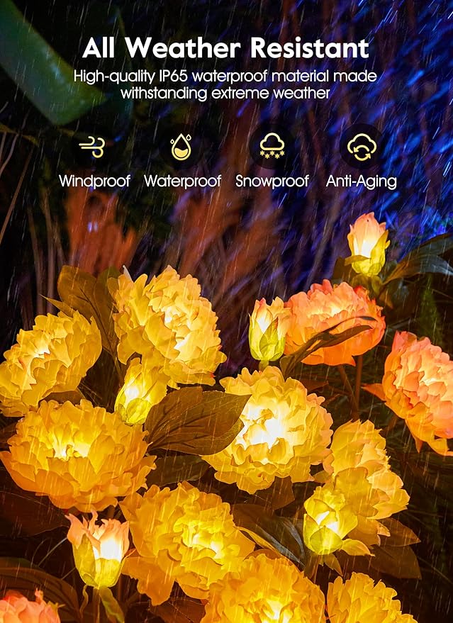 Outdoor Solar Flower Lights - 3 Pack Solar Garden Lights with Larger & More Realistic Peony, Bigger Solar Panel, Waterproof LED Solar Lights Outdoor for Yard Garden Lawn Pathway Decoration