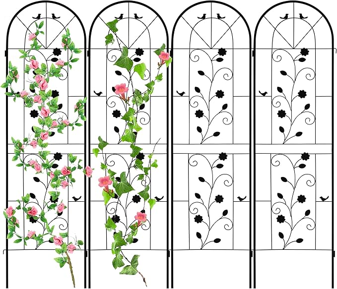 LZRS 4 Pack Rustic Iron Arch Decoration Garden Trellis with Black Metal Coating – Perfect for Supporting Climbing Plants Outdoor, Roses, Vines, Flowers, and Vegetables.