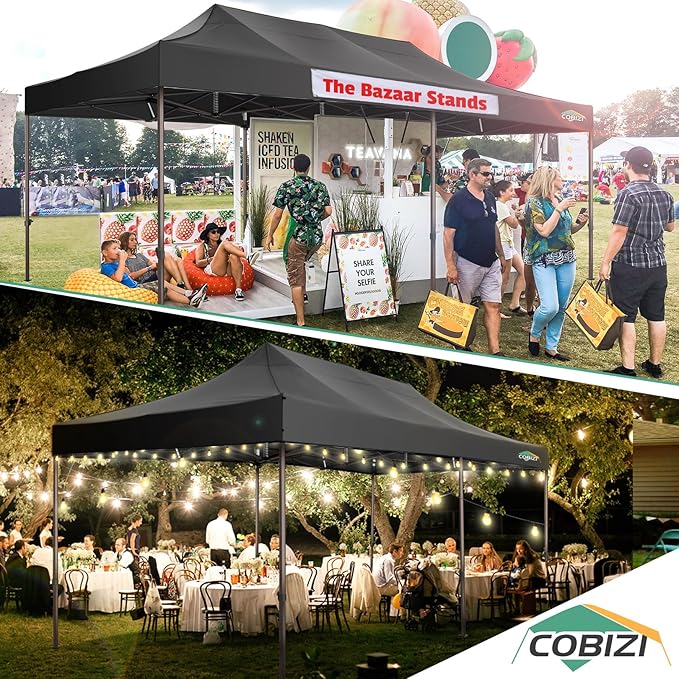COBIZI 10x20 Pop Up Canopy Heavy Duty Without Sidewalls, Commercial Heavy Duty Pop Up Tent for Parties All Weather Waterproof and UV 50+ Wedding Tent with Roller Bag(Legs Upgraded),Black